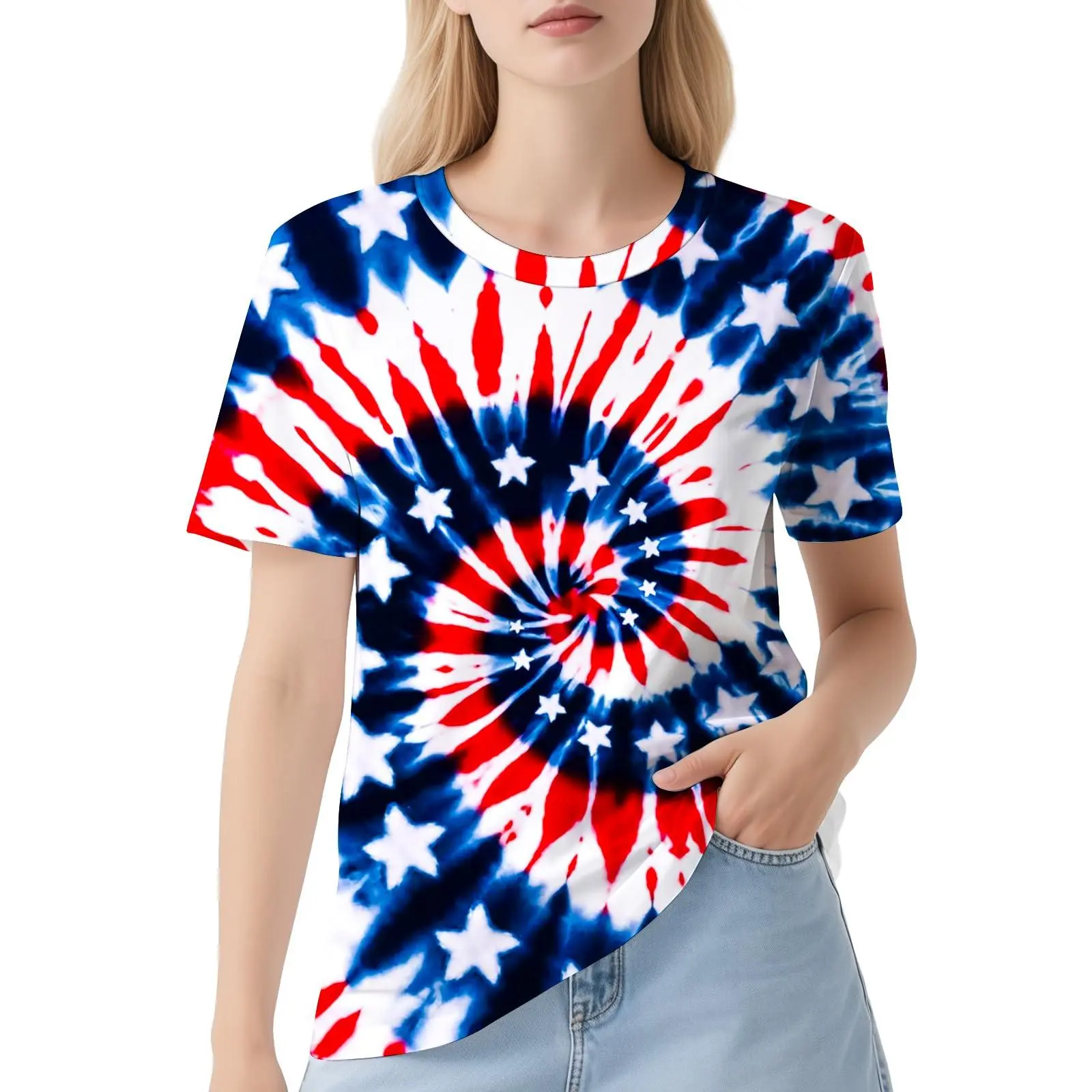 Women's Printed Tie-Dye Short Sleeve Tee Top, Casual Streetwear Tshirt with All-Over Stars & Stripes Spiral Print, Breathable Fabric for 4th of July