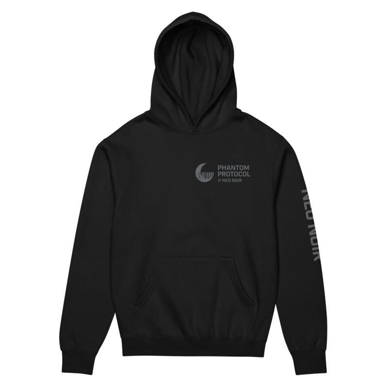 Neo Noir Phantom Hoodie - Stealthy Heavyweight Fleece with Glitch Aesthetics & Raven Silhouette Design - Medium Fit - Minimal Crescent Barcode Logo & Striking Back Design