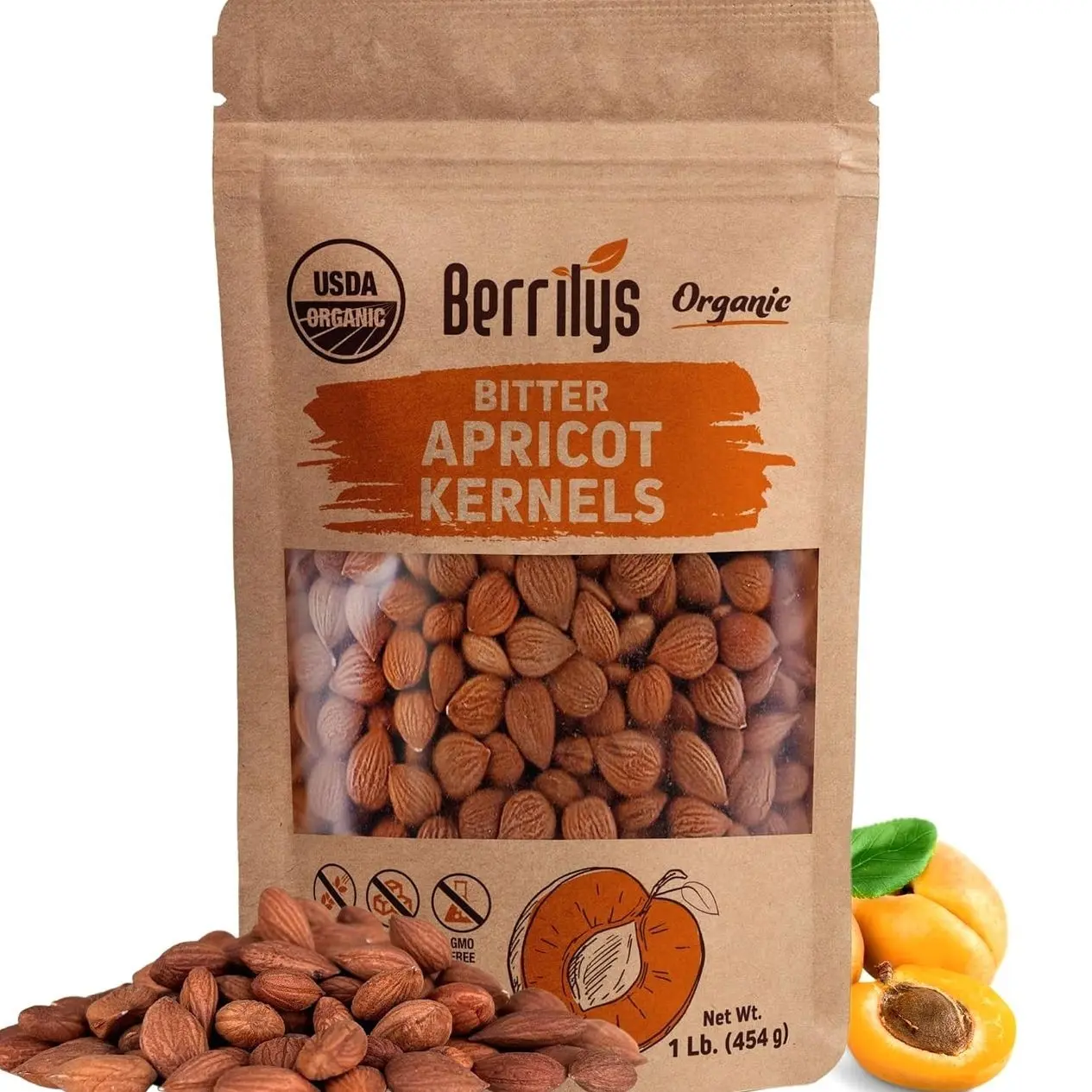 Berrilys Organic Bitter Apricot Kernels - USDA Certified Organic Bitter Apricot Seeds - Natural & Non-GMO, Premium Quality Kernals, No Sulfur or Additives - 16 oz