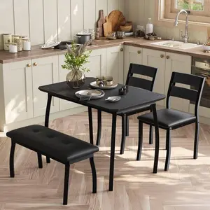 Dining Table Set for 4, Sturdy Wooden Kitchen Table with Chamfer Design and Metal legs, Upholstered Bench & 2 Classic Dinner Chairs, Kitchen and Dining Set for Home Dinner, Party, Apartment, Black