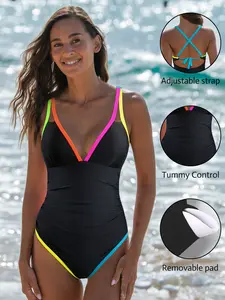 Popvil Tummy Controlling One Piece Swimsuit Neon Deep V Neck Slimming Swimsuit Back Strap Neon OnePiece for Women