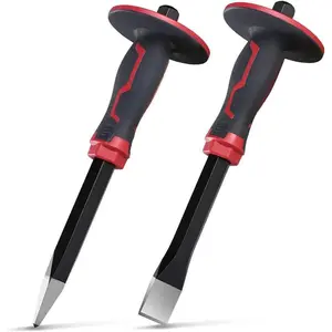Masonry Chisel Set - 2- Heavy Duty Pointed & Flat Rock Chisels, Concrete Stone Chisel with Hand Protection for Brick Breaking Carving Splitting  Mason Tools