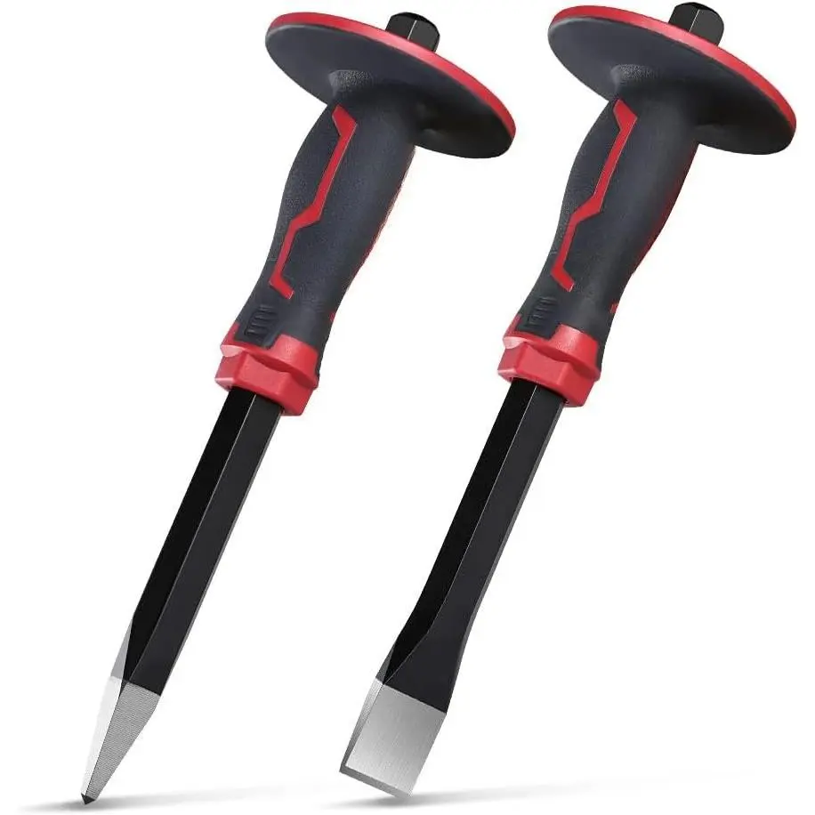 Masonry Chisel Set - 2- Heavy Duty Pointed & Flat Rock Chisels, Concrete Stone Chisel with Hand Protection for Brick Breaking Carving Splitting  Mason Tools