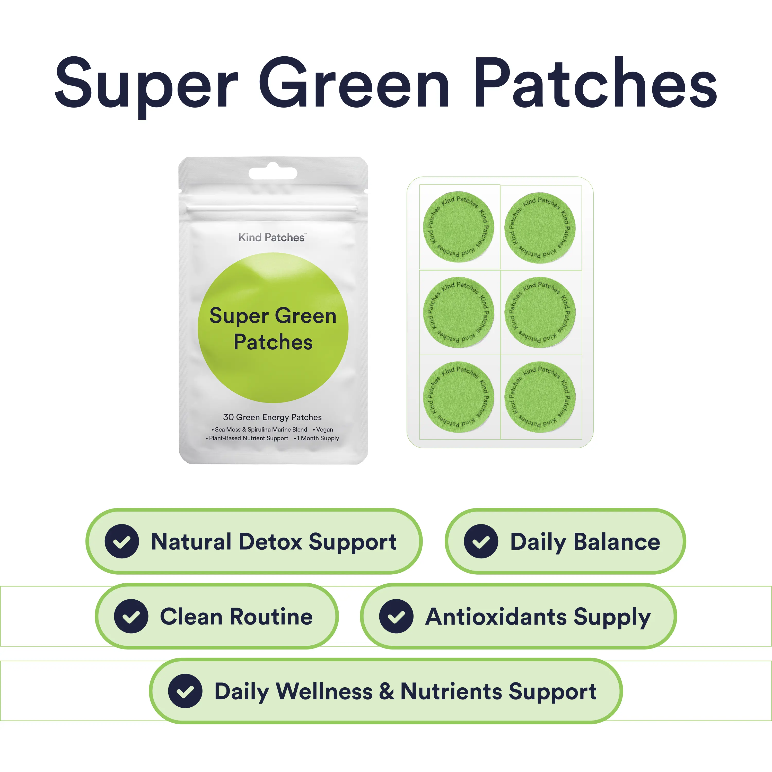 Kind Patches Super Green Patches: 30 Green Energy Patches, Antioxidants Supply, Natural Detox Support, Clean Energy Delivery, Daily Wellness & Nutrients Support, Vegan, 1 Month Supply
