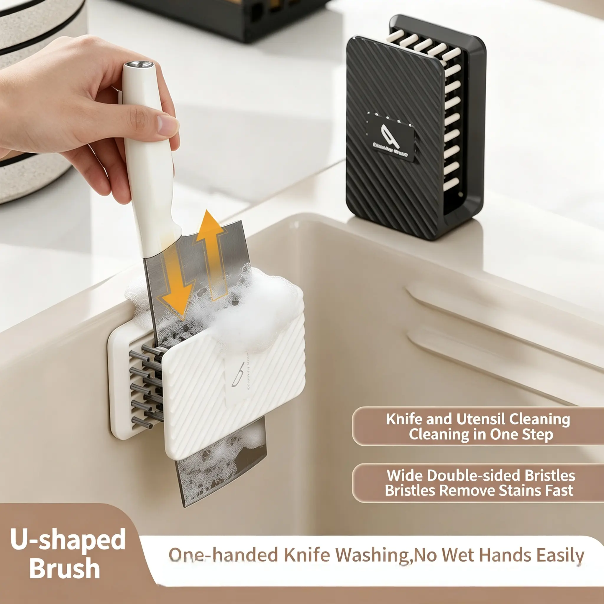 Kitchen PP Material Knife Cleaning Brush, U-Shaped Double Sided Bristle Cleaner with Nail-Free Snap-on Adhesive Mount, Safe Anti-cut Handheld Washing Tool for Knives Scissors Spoons Chopsticks Kitchen Utensils, Two Colors Black & Cream White