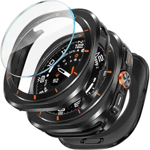 3 in 1 metal case for Samsung Galaxy Watch ultra screen protector 47mm, stainless steel protective bumper face, hard pc back cover and 9H tempered glass film for Galaxy Watch 7 ultra-black