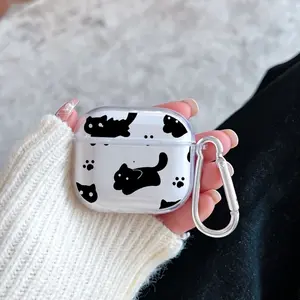 Cat Paw Prints Pattern Protective Case for AirPods 4/3/2/1/Pro/Pro2 Soft TPU Earphone Cover, Transparent with Keychain
