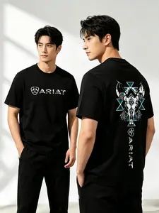Men's Pure Cotton Gym Tee Western Bull Skull Graphic Blue Aztec Pattern Round Neck Loose Fit Casual Summer Top Wear