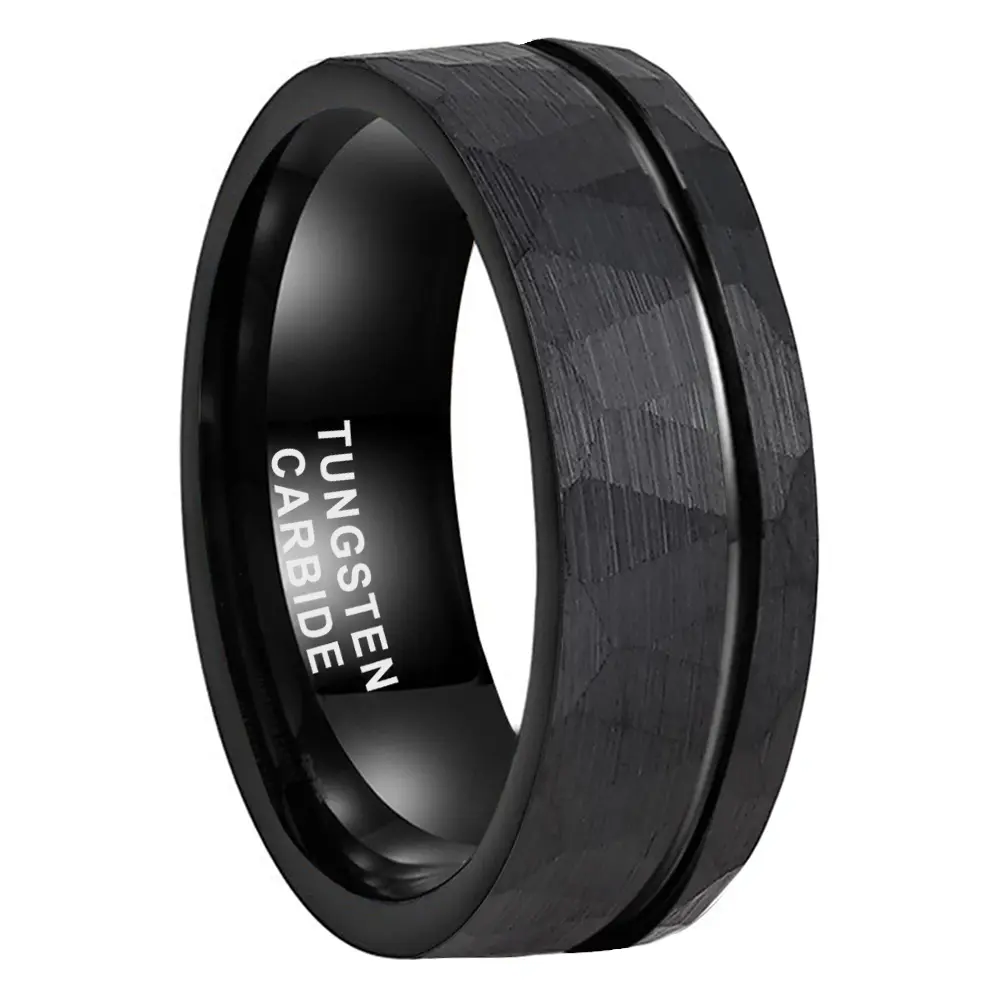 Yonifu Male 8MM Tungsten Wedding Band - Bold Hammered Ring with Offset Groove, Scratch-Proof Comfort Fit Tungsten Rings for Everyday Wear, Engagement & Special Events, Mens Wedding Bands, Hammered Grooves, Bold Hammered Style, Engagement Ring