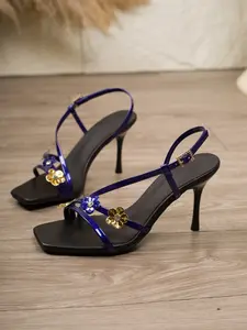 Summer New Slim Heel Sandals, Large Size Strap Buckle Sandals, Metal Flower Decoration, Fashion Square Toe High Heel Open-Toe Sexy Sandals