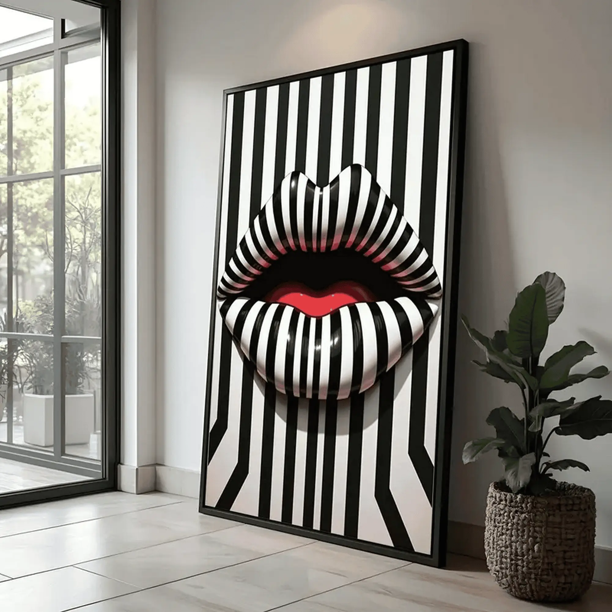 Modern Art Unique Gift for Fashion Lovers Abstract Lips Pop Art  Black And White Striped Poster Bold Wall Decor Room Decor Unframed