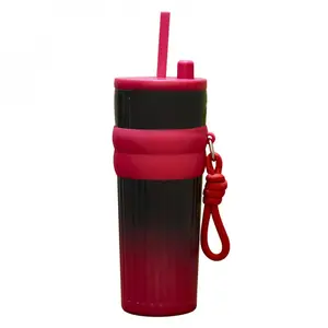 Striped Aurora Ice Tumbler Thermos Cup 710ml Large Capacity 316 Stainless Steel Double-Layer Vacuum Water Cup Outdoor Sports Portable Water Cup with Straw and Leather Cup Sleeve