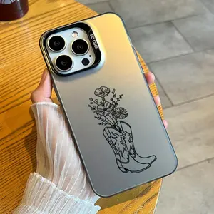 Western Cowboy Boots & Wildflower Line Art Phone Case, Minimalist Boho Cowgirl Style, Gradient Matte PC Back Shockproof Anti-Scratch Durable Cover for iPhone 17 Pro Max 16 Plus 15 14 13 12 11&Samsung S26 25 24 23 22