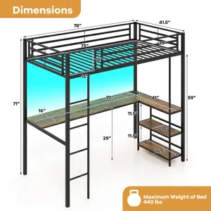 COSTWAY - Twin Size Loft Bed Raised Platform Bed with Desk and 2 Storage Shelves-Black