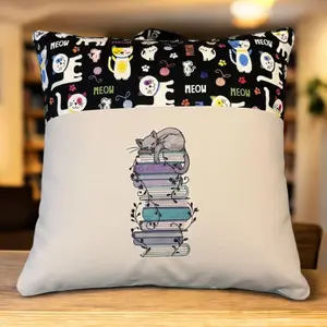 Reading Pillow Cozy Cat Cotton Handcrafted with Embroidered Pocket Unique Gift Idea for Readers Stack of Books Theme