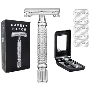 Double-Blade Safety Razor Old Metal Shaving Machine, Wet Shave Twist Open Men Women 5 Blades and Mirror, Classic Grooming Tool Gift