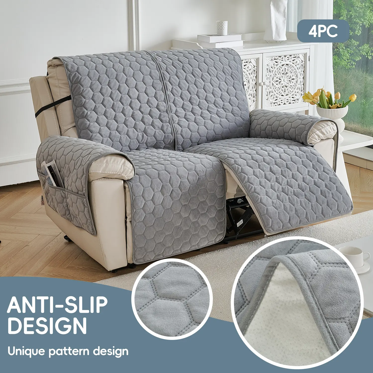 4pcs (2 Mats + 2 Armrests) Geometric Dutch Velvet Sofa Covers with Storage Bag, Anti-Slip, Soft, Wear-Resistant, Pet-Friendly, Ultrasonic Embossing, Stain Resistant, Hand Wash Only, All Seasons for Living Room Furniture Protection