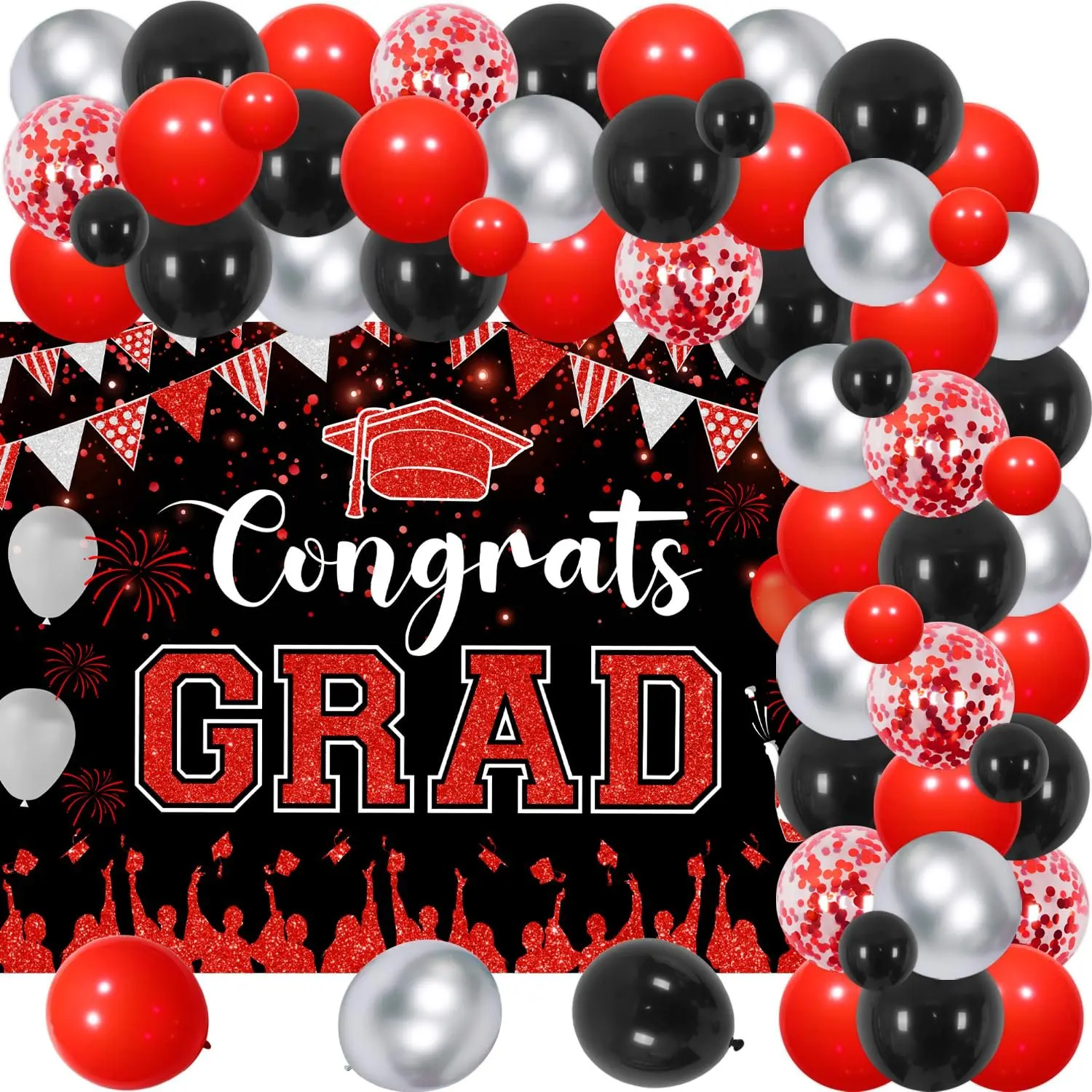 1Set Party Packs Red and Black Graduation Decorations 2026Congnats Grad Party Decor Graduation Theme Backdrop Red Black Balloon Arch Garland Kit for High School College Celebrations Graduation Prom Party Supplies