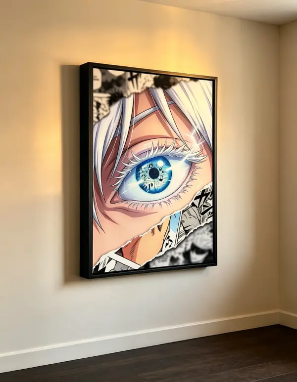 Torn Paper Effect Canvas Wall Art - Decorative Hangable Wood Framed Anime Girl (White Hair, Blue Eyes, Close-Up Eye Manga) for Indoor Bedroom Living Room Home Decor