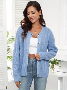 Women's Cable Knit Crewneck Cardigan - Classic Design - Womenswear, Knitwear