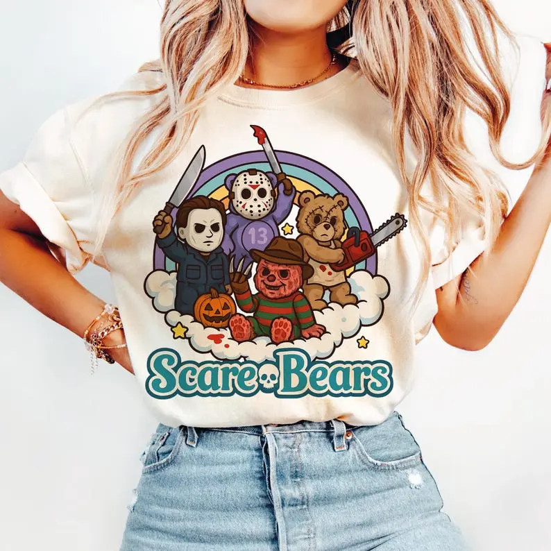 Women's Halloween T-Shirt, Casual Shortsleeve Round Neck Cotton Top with Vintage Horror Bear Graphic Print, Halloween T Shirts