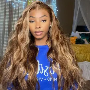 Ronashow Brown Highlight 13x4 Lace Frontal Wig – 100% Human Hair Body Wave Wig with Transparent Swiss Lace Front, Natural Looking Pre-Plucked Hairline, Adjustable Strap Fit for All Skin Tones Body Wave Blonde