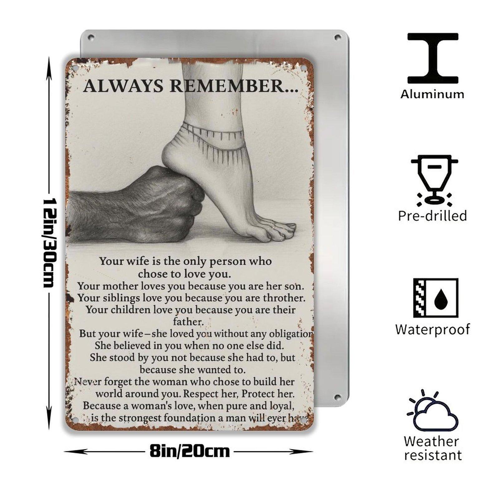 Always Remember Your Wife Respect Protect Her Aluminum Metal Sign - 8x12 Inch Retro Vintage Wall Decor for Bedroom, Man Cave, Marriage Ministry - Husband Gift