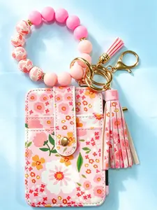 New Boho Floral Pattern Silicone Bead Bracelet Keychain, Rainbow Tassel Pendant, Zipper Card Holder, Women's Wallet Key Chain, Beaded Tassel Keychain, Flower Keychain, Keychain Accessories