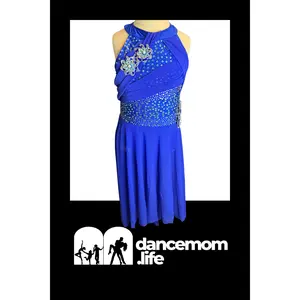 Sapphire Breeze – Royal Blue Lyrical Dance Costume with Teal & Clear Rhinestones, Floral Accents, and Sheer Chiffon Skirt (US 8)