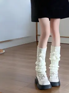Women's White Knitted Slouch Leg Warmers - Cute Lolita Pom-Pom Thick Calf Socks, Cozy Warm Japanese Style for Spring Autumn Fall Winter Breathable Fabric Womenswear Slim Soft