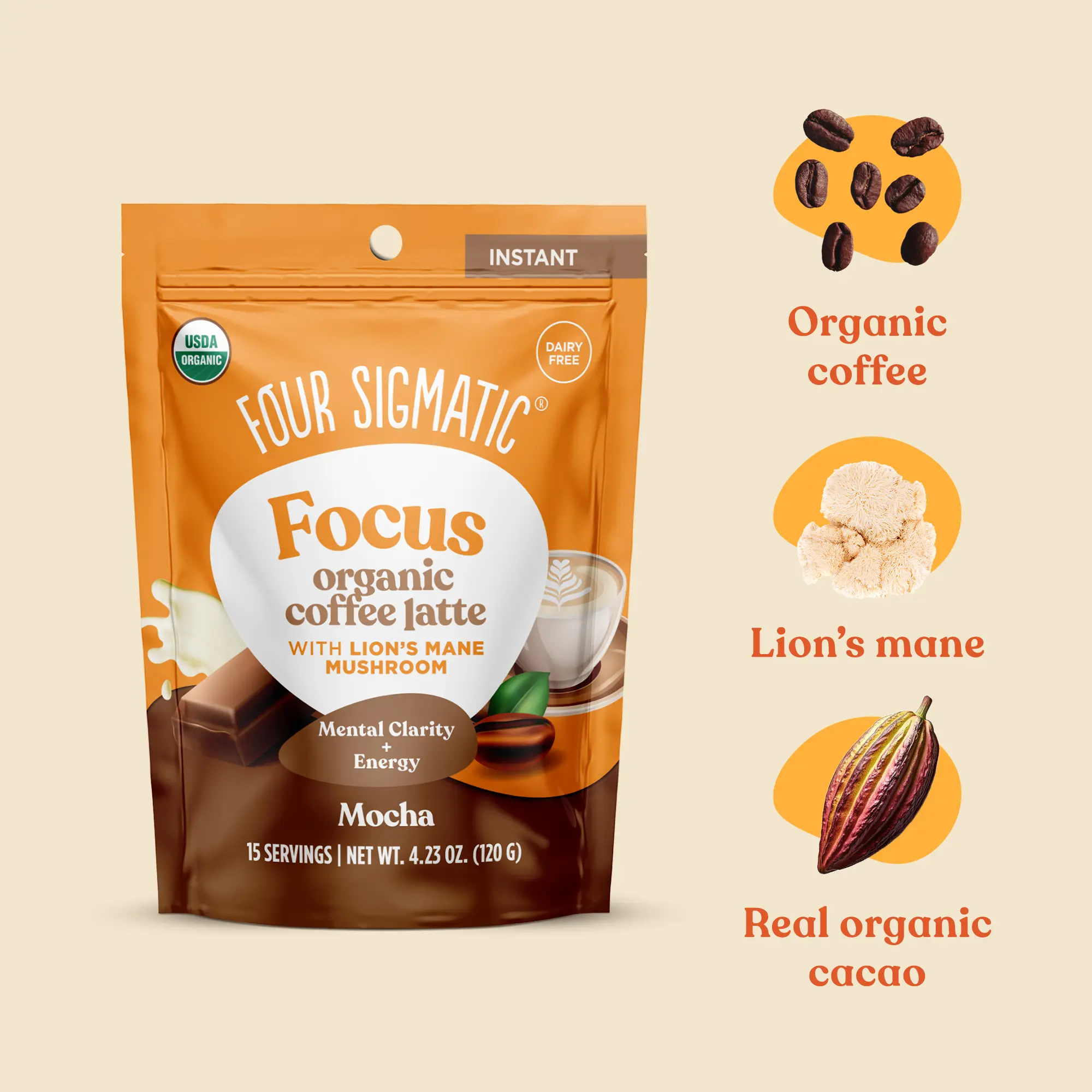 Four Sigmatic - Focus Organic Coffee Latte Beverage - Mocha, 15 servings, 4.23 oz