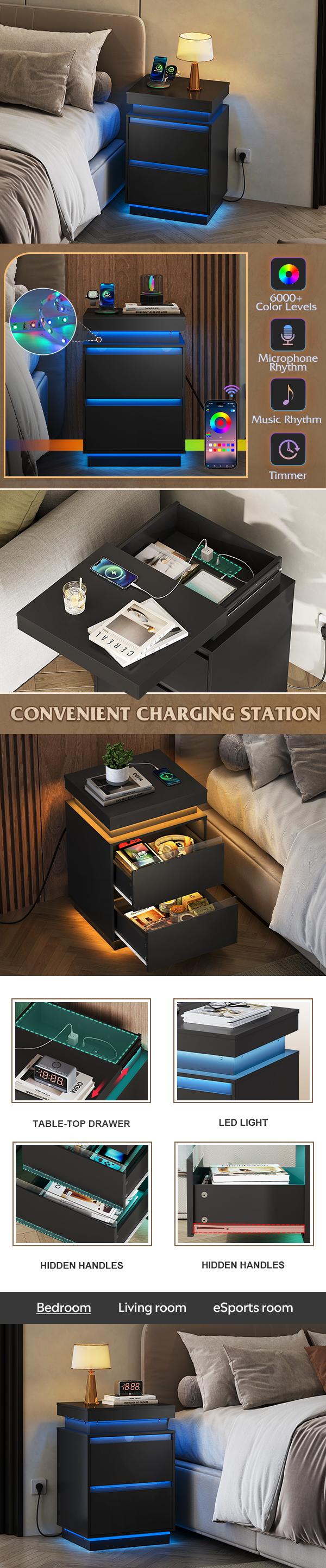 WLIVE Nightstand with Charging Station and LED Lights, Bedside Table with 2 Wooden Drawers and Sliding Top, Modern End Table Side Table for Bedroom, Living Room, Office