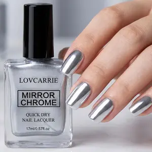 Lovcarrie 17ml metallic silver mirror-finish nail polish. Long-lasting and quick-drying, this alcohol-free formula creates a high-gloss, highly saturated silver finish for a luxurious manicure look, suitable for a variety of nail styles.