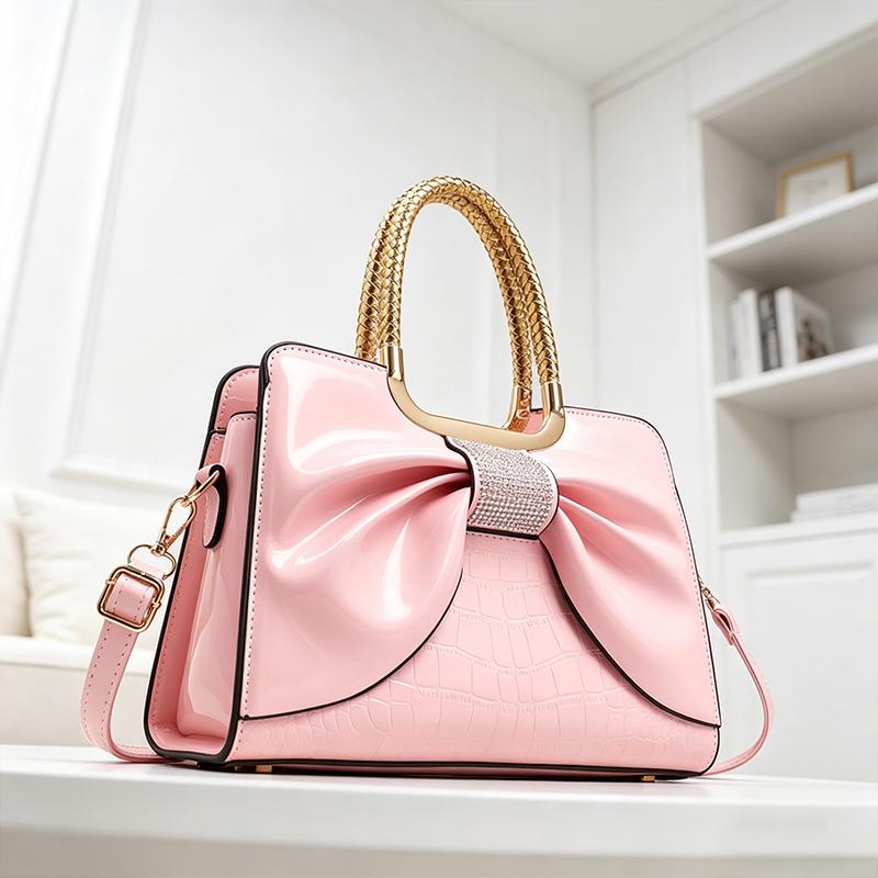 Women’s glossy leather handbag with top handle — medium-structured shoulder/handbag with adjustable strap