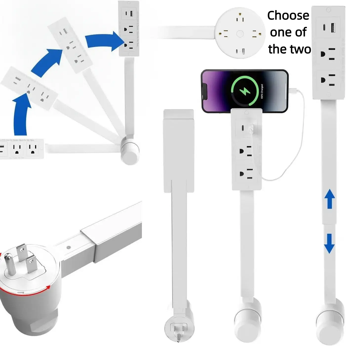 Power Strip Extender with USB-A, USB-C Ports, 2 Ac Outlets, Power Socket Expander, Rotates 180°, Fits Sofa, Bedside Table, Desk, Reach Hard-To-Reach Spaces, Multifunctional Power Strip