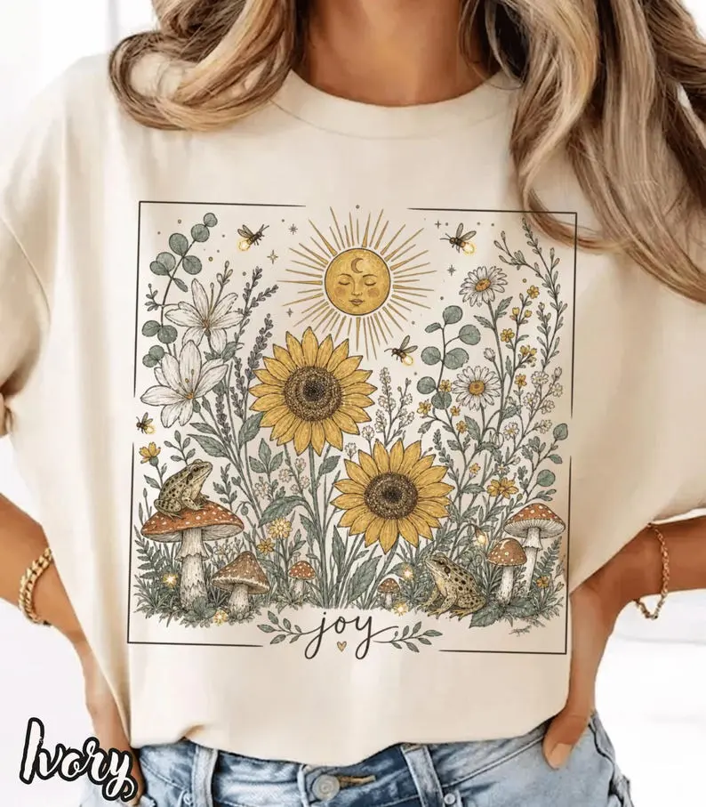 Comfort Colors Vintage Cottagecore Wildflower TShirt, Sunflower Mushroom Frog Tee, Firefly Botanical Nature Lover Gift