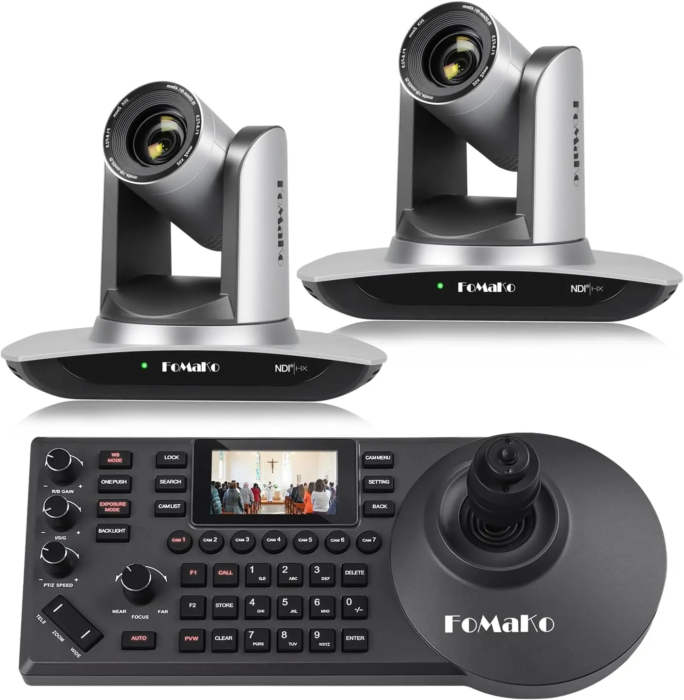 FoMaKo NDI Camera AI Auto Tracking HDMI PTZ Camera 20x Optical Zoom(2pcs) PTZ Controller PoE PTZ Camera Controller (FMK20UH NDI x2 +KC608) BN402