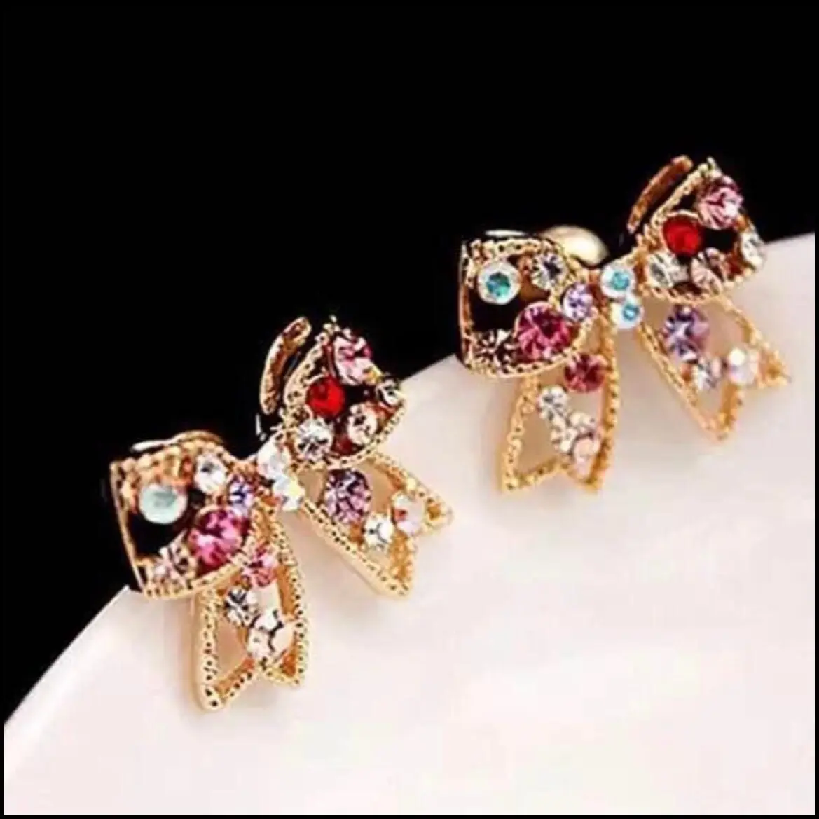 New Beauty Sparkle Multi Colored Bow Rhinestone Stud Earrings