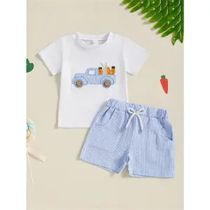 Summer Easter Outfit  Boys Featuring a Short-Sleeve Truck And Bunny Embroidered T-Shirt Paired with Striped Shorts,  Outdoor for