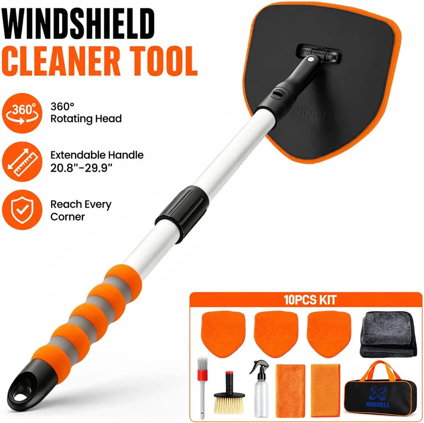 XINDELL Extendable Windshield Cleaner Tool, 360° Rotating Head Car Window Cleaning Kit with Microfiber Pads