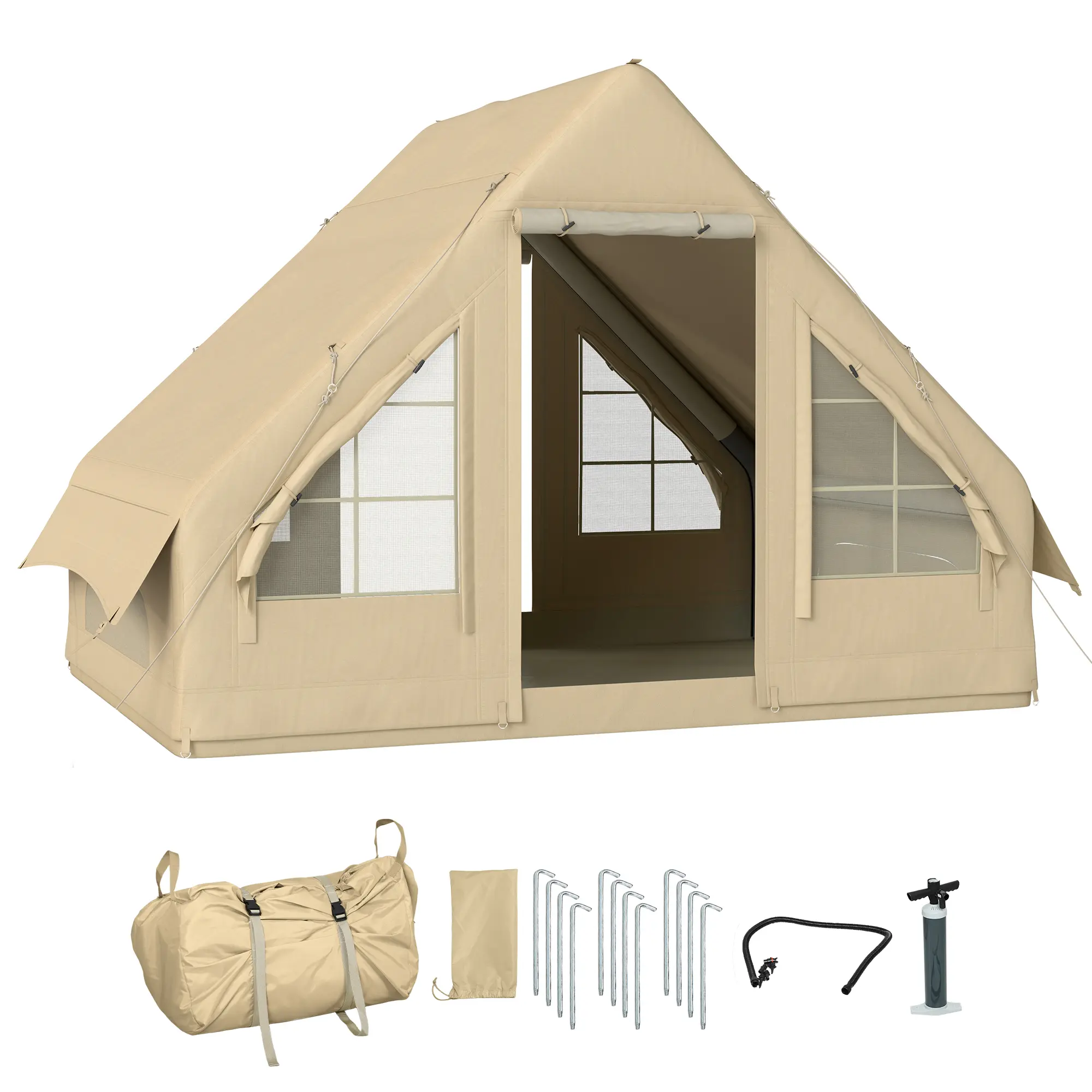 Outsunny Inflatable Camping Tent with Hand Pump, Easy Setup 4 Season Blow Up Tent, Waterproof and Windproof Glamping Tent, Luxury Inflatable Tent with Mesh Windows, Doors and Carry Bag, for 3 People