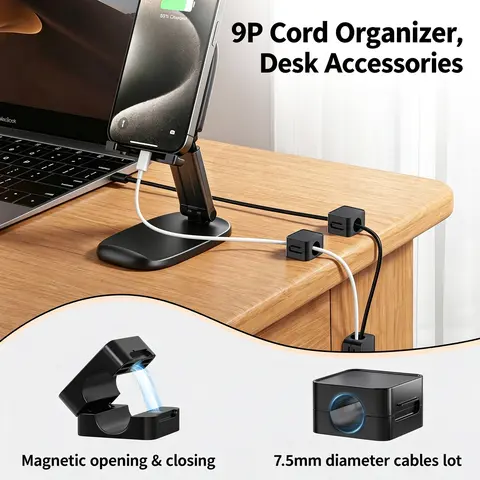 DGAPHRO Cord Organizer，9 Pack Adhesive Magnetic Cable Clips Organizer with 6 Extra Sticky Pads, Management Cord Holder for Nightstand Home Office Desk Phone Car Wall Desktop, Desk Accessories.
