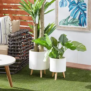 Set of 2 Magnesium Oxide Linear Carved Indoor Outdoor Planter with Wood Tripod Legs Set of 2 16", 13"H