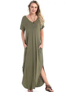 Arolina Women's Polyester Summer Maxi Dress - Short Sleeve, V-Neck, Casual, Loose, Baby-Friendly, Fit, Long Beach Split Dress with Pockets | Womenswear
