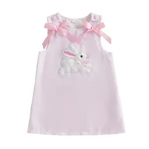 Toddler Baby Girl Easter Outfit Sleeveless Crew Neck Bow Bunny Rabbit Embroidery Dress Little Girls Spring Summer Clothes