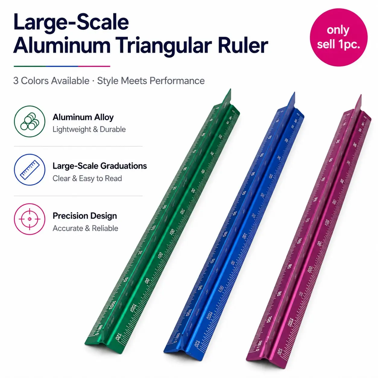 Aluminum Alloy Ruler, Measuring Instrument, Architectural Drawing Scale, Blue, Clear Marks, Durable Scratch-Resistant, 30cm/12in, Multi-Scale Design, Office Supplies