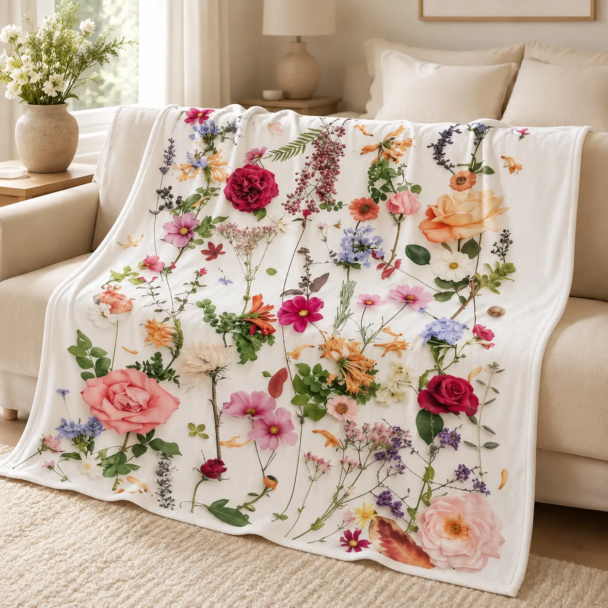 Wildflower Floral Print Flannel Throw Blanket, Super Soft Lightweight Rose Garden Fleece Blanket for Adults & Kids, Cozy Botanical Flower Blanket for Bed Couch Chair Relaxing Gift