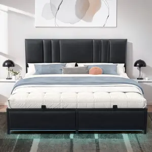 Queen Size Bed Frame with Height Adjustable Upholstered Leather Headboard ＆ Charging Station ＆ LED Lights, Modern Luxury Furniture,Easy installation