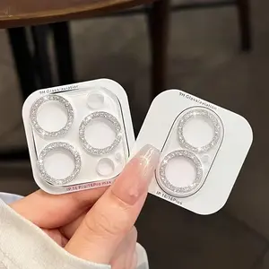 2-Pack Silver Color Glitter Diamond Glass Lens Film, 9h Tempered Glass Protective Camera Lens Protector for iPhone 11-16 Pro Max Mini, High Transparency Ar Case for Gifts