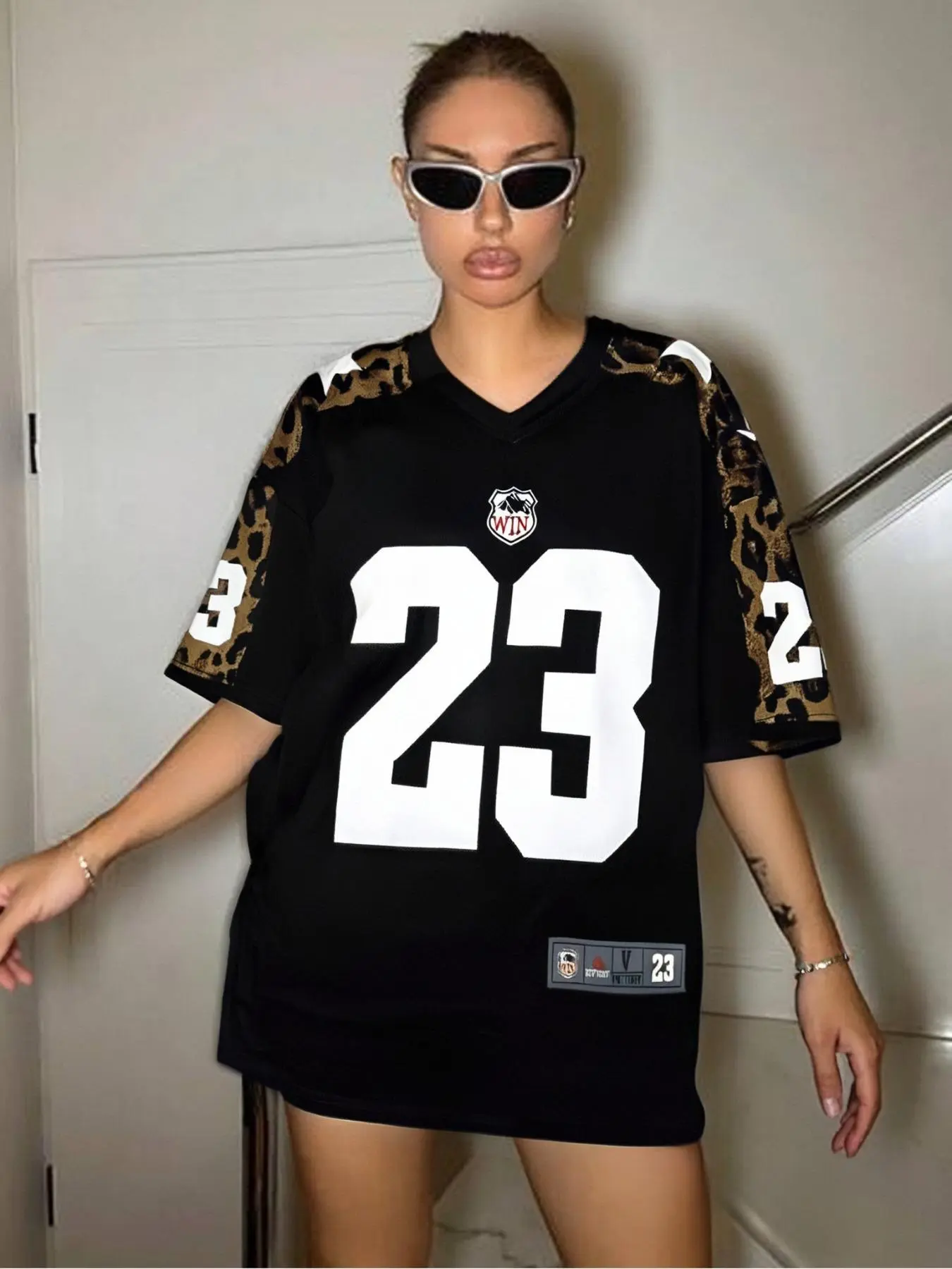 Women's Colorblock Patchwork Print Baseball Jersey, Casual Leopard Print V Neck Short Sleeve T-shirt for Summer, Ladies Clothes for Daily Wear Jersey Top, Jersey Shirts, Casual Sports Jersey